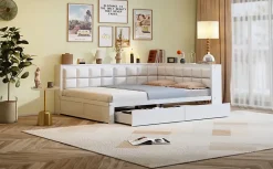 Redom Canape lit bois 140 x 200 cm lit multifonction dossier doux grand tiroir rangement lit simple junior pin massif blanc* Lit Avec Rangement