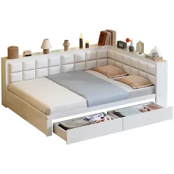 Redom Canape lit bois 140 x 200 cm lit multifonction dossier doux grand tiroir rangement lit simple junior pin massif blanc* Lit Avec Rangement