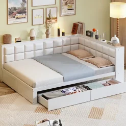 Redom Canape lit bois 140 x 200 cm lit multifonction dossier doux grand tiroir rangement lit simple junior pin massif blanc* Lit Avec Rangement