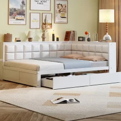 Redom Canape lit bois 140 x 200 cm lit multifonction dossier doux grand tiroir rangement lit simple junior pin massif blanc* Lit Avec Rangement