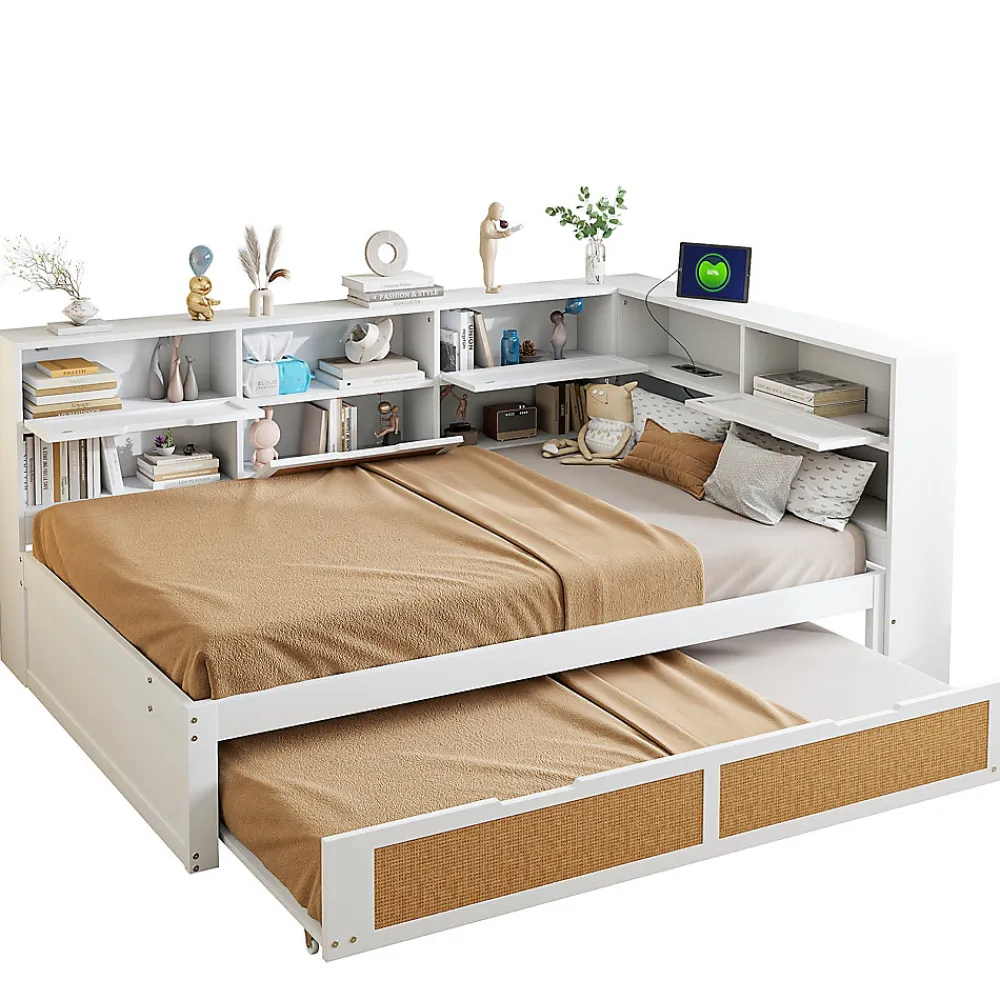 Canape lit bois 140x200 avec lit gigogne lit multifonction avec rangements multiples et prise de charge blanc>Redom
