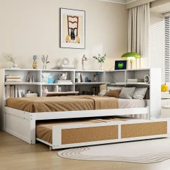 Canape lit bois 140x200 avec lit gigogne lit multifonction avec rangements multiples et prise de charge blanc>Redom