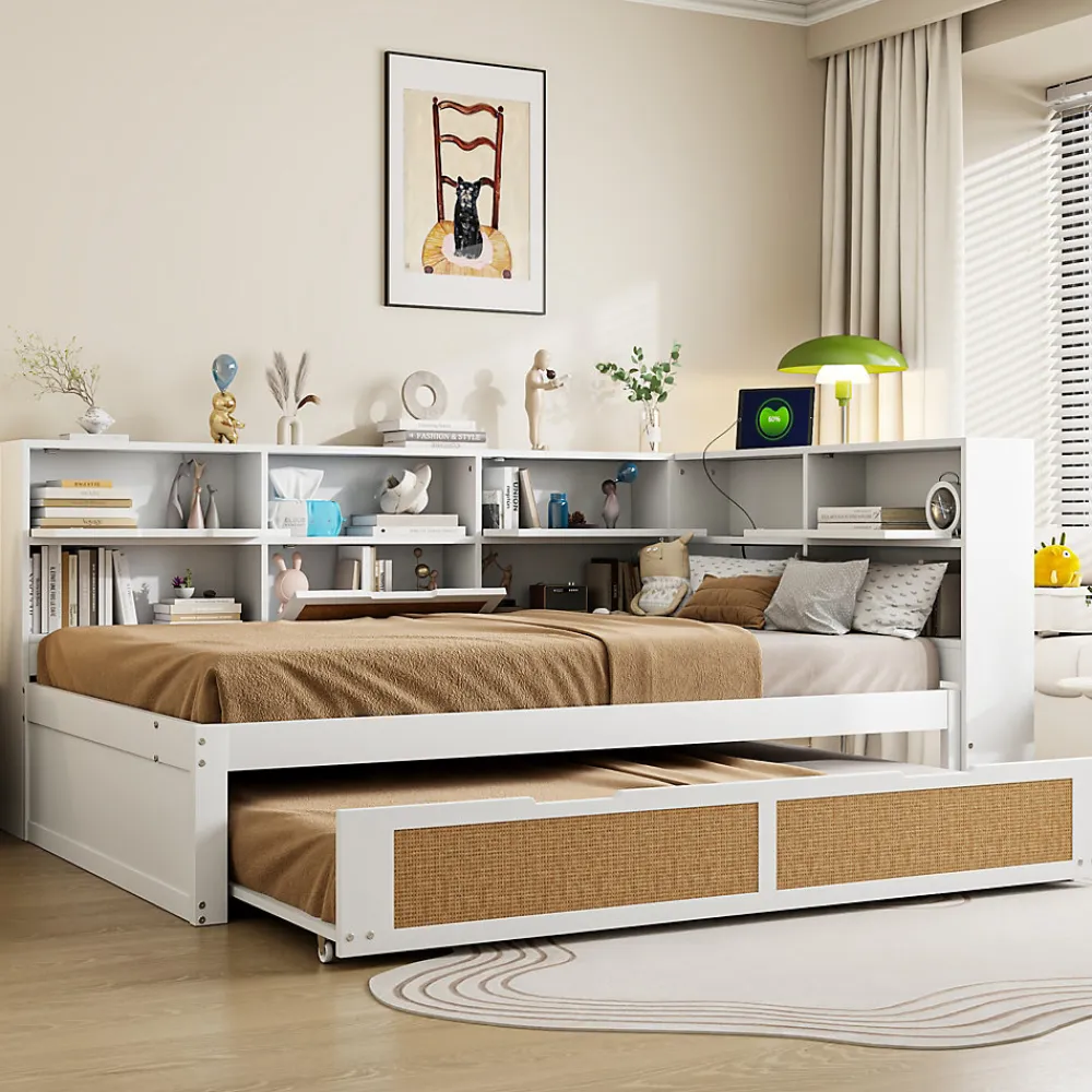Canape lit bois 140x200 avec lit gigogne lit multifonction avec rangements multiples et prise de charge blanc>Redom