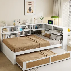 Canape lit bois 140x200 avec lit gigogne lit multifonction avec rangements multiples et prise de charge blanc><noscript><img width=
