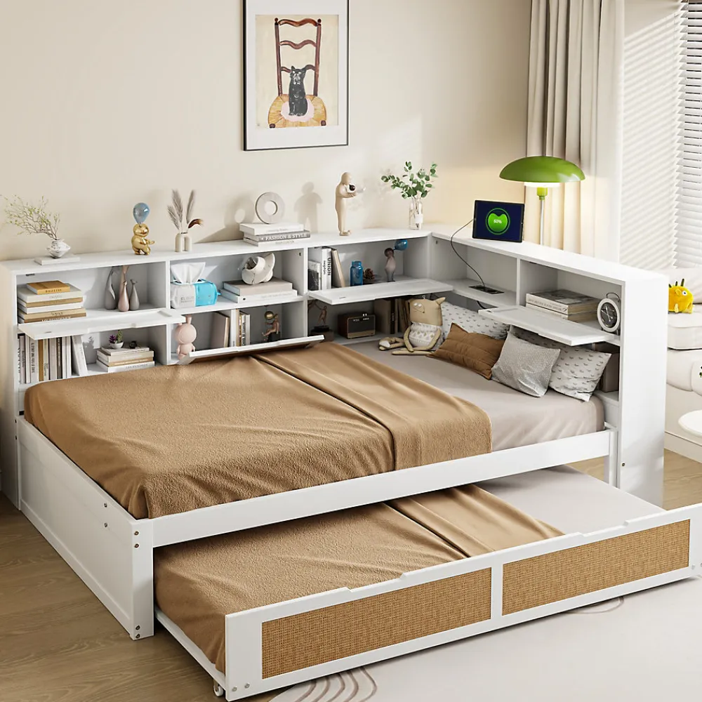 Canape lit bois 140x200 avec lit gigogne lit multifonction avec rangements multiples et prise de charge blanc>Redom