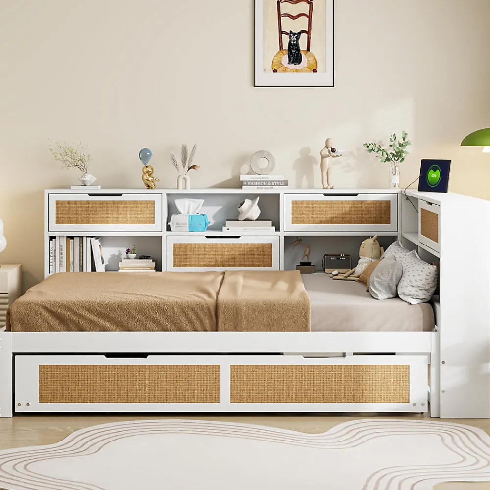 Canape lit bois 140x200 avec lit gigogne lit multifonction avec rangements multiples et prise de charge blanc>Redom