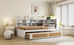 Canape lit bois 140x200 avec lit gigogne lit multifonction avec rangements multiples et prise de charge blanc><noscript><img width=