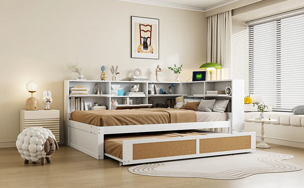 Canape lit bois 140x200 avec lit gigogne lit multifonction avec rangements multiples et prise de charge blanc>Redom
