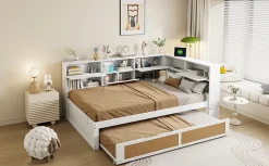 Canape lit bois 140x200 avec lit gigogne lit multifonction avec rangements multiples et prise de charge blanc><noscript><img width=