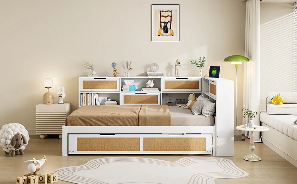 Canape lit bois 140x200 avec lit gigogne lit multifonction avec rangements multiples et prise de charge blanc>Redom