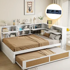 Canape lit bois 140x200 avec lit gigogne lit multifonction avec rangements multiples et prise de charge blanc><noscript><img width=