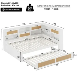 Canape lit bois 140x200 avec lit gigogne lit multifonction avec rangements multiples et prise de charge blanc><noscript><img width=