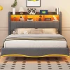 Canape lit 140x200 avec eclairage LED rangement tete en tissu gris et ports USB Type C>Redom Online