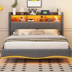 Canape lit 140x200 avec eclairage LED rangement tete en tissu gris et ports USB Type C>Redom Online