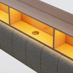 Canape lit 140x200 avec eclairage LED rangement tete en tissu gris et ports USB Type C><noscript><img width=