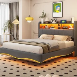 Canape lit 140x200 avec eclairage LED rangement tete en tissu gris et ports USB Type C><noscript><img width=