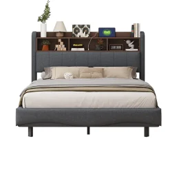 Canape lit 140x200 avec eclairage LED rangement tete en tissu gris et ports USB Type C><noscript><img width=