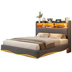 Canape lit 140x200 avec eclairage LED rangement tete en tissu gris et ports USB Type C><noscript><img width=