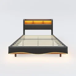 Canape lit 140x200 avec eclairage LED rangement tete en tissu gris et ports USB Type C><noscript><img width=