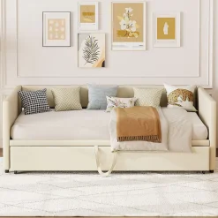 Fortuna lai Canapé-lit 90/180 X 200 Cm, Lit De Jour Extensible Avec Sommier à Lattes, Canapé 2 Places, Beige* Lit Coffre