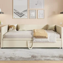 Fortuna lai Canapé-lit 90/180 X 200 Cm, Lit De Jour Extensible Avec Sommier à Lattes, Canapé 2 Places, Beige* Lit Coffre