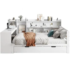 Blackcolors Canapé-lit bois 140x200cm blanc bureau/casiers/prises lit escamotable multifonction* Lit Coffre