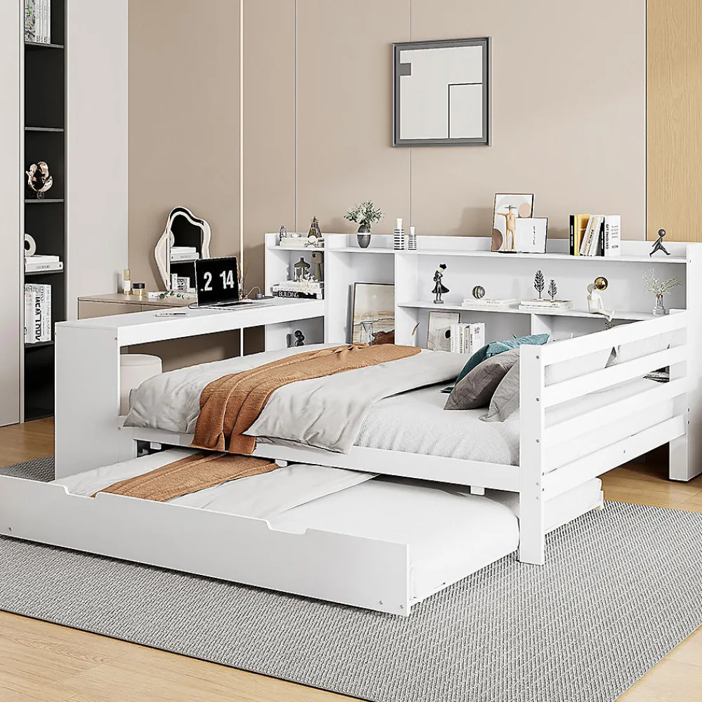 Blackcolors Canapé-lit bois 140x200cm blanc bureau/casiers/prises lit escamotable multifonction* Lit Coffre