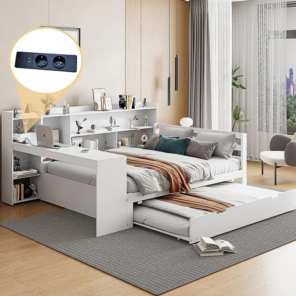 Blackcolors Canapé-lit bois 140x200cm blanc bureau/casiers/prises lit escamotable multifonction* Lit Coffre