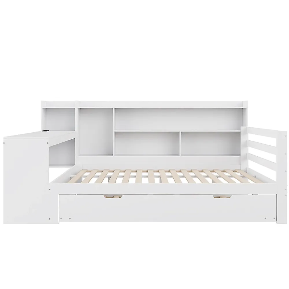 Blackcolors Canapé-lit bois 140x200cm blanc bureau/casiers/prises lit escamotable multifonction* Lit Coffre
