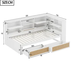 Canapé-lit bois 90x200cm, tiroir, rangement, prise, blanc><noscript><img width=