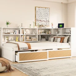 Canapé-lit bois 90x200cm, tiroir, rangement, prise, blanc><noscript><img width=
