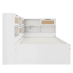 Canapé-lit bois 90x200cm, tiroir, rangement, prise, blanc><noscript><img width=