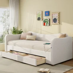 ModernLuxe Canapé-lit capitonné 90x200cm - Avec lit gigogne - 2 tiroirs de rangement - Port USB - Tissu bouclé - Beige (sans matelas)* Lit Gigogne