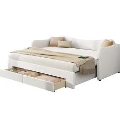 ModernLuxe Canapé-lit capitonné 90x200cm - Avec lit gigogne - 2 tiroirs de rangement - Port USB - Tissu bouclé - Beige (sans matelas)* Lit Gigogne