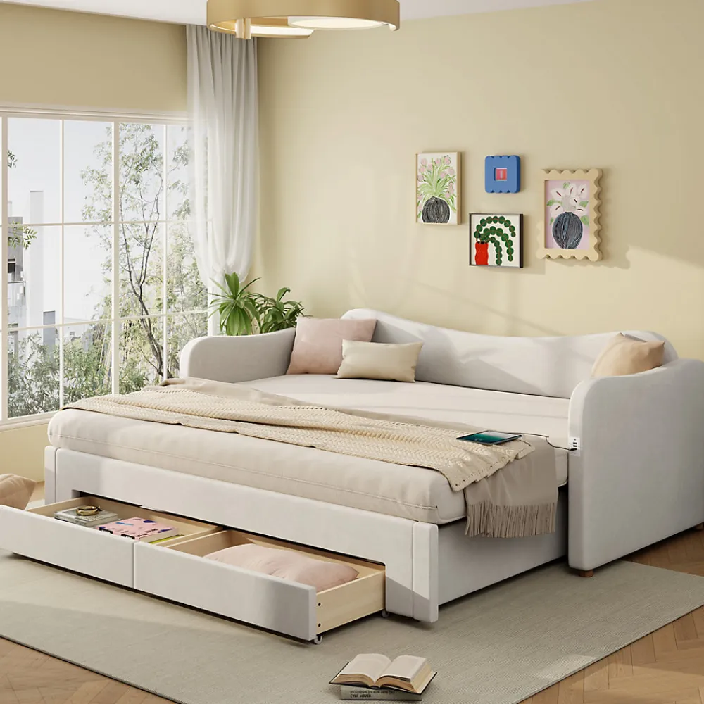 Canapé-lit capitonné 90x200cm - Avec lit gigogne - 2 tiroirs de rangement - Port USB - Tissu velours - Beige (Matelas non inclus)>ModernLuxe Online