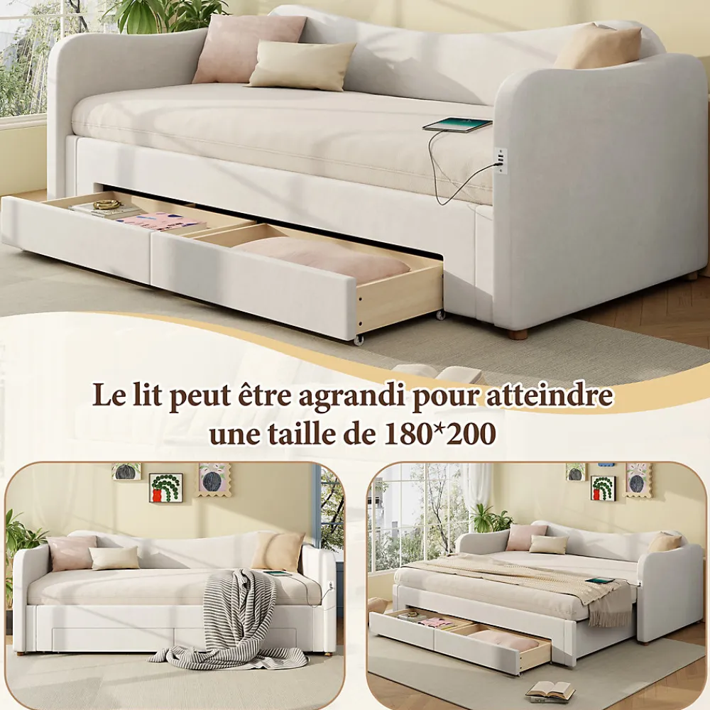 Canapé-lit capitonné 90x200cm - Avec lit gigogne - 2 tiroirs de rangement - Port USB - Tissu velours - Beige (Matelas non inclus)>ModernLuxe Online