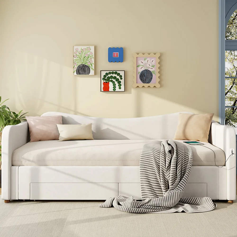 Canapé-lit capitonné 90x200cm - Avec lit gigogne - 2 tiroirs de rangement - Port USB - Tissu velours - Beige (Matelas non inclus)>ModernLuxe Online
