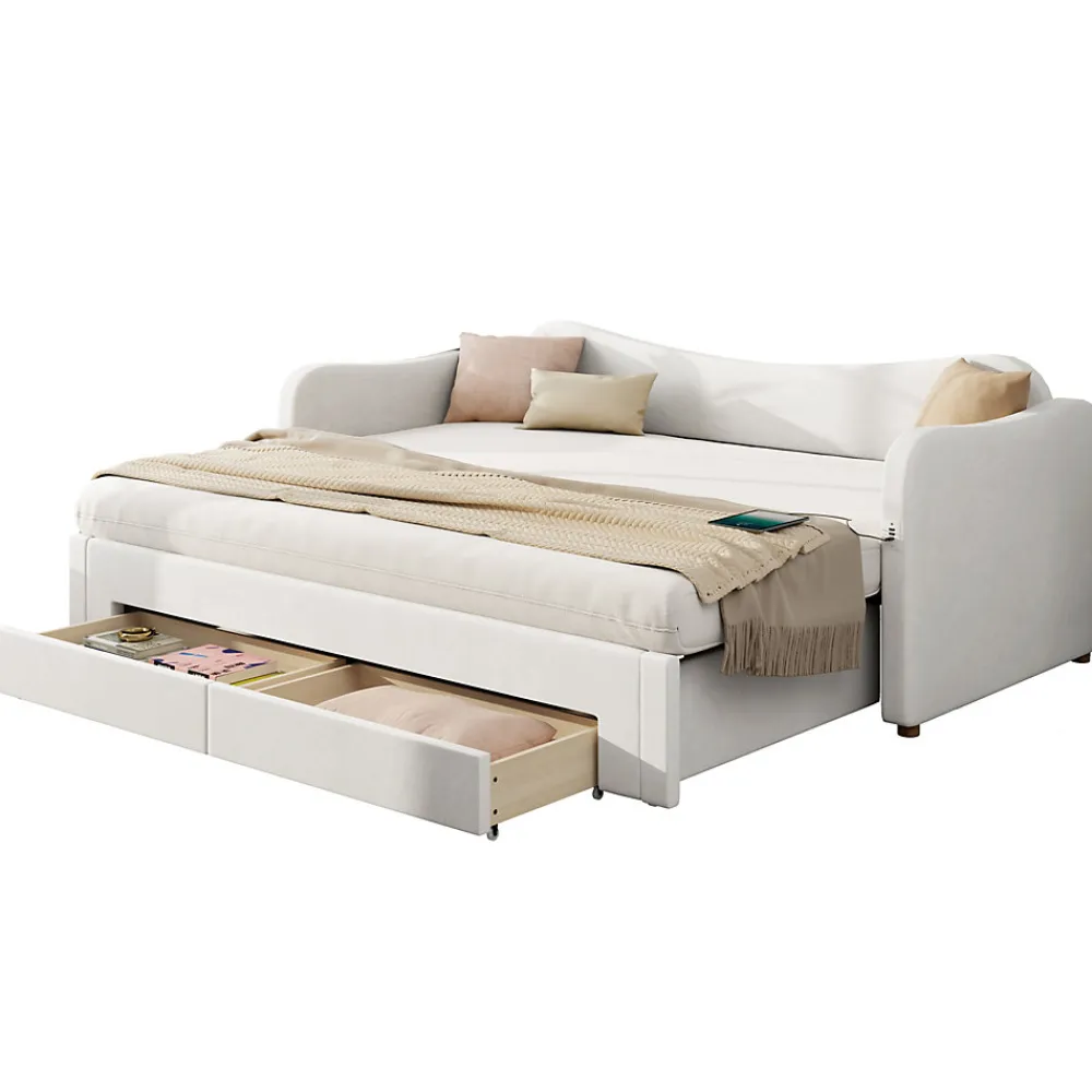 Canapé-lit capitonné 90x200cm - Avec lit gigogne - 2 tiroirs de rangement - Port USB - Tissu velours - Beige (Matelas non inclus)>ModernLuxe Online