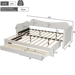 Canapé-lit capitonné 90x200cm - Avec lit gigogne - 2 tiroirs de rangement - Port USB - Tissu velours - Beige (Matelas non inclus)><noscript><img width=