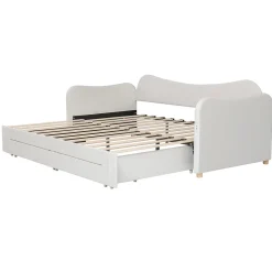 Canapé-lit capitonné 90x200cm - Avec lit gigogne - 2 tiroirs de rangement - Port USB - Tissu velours - Beige (Matelas non inclus)><noscript><img width=