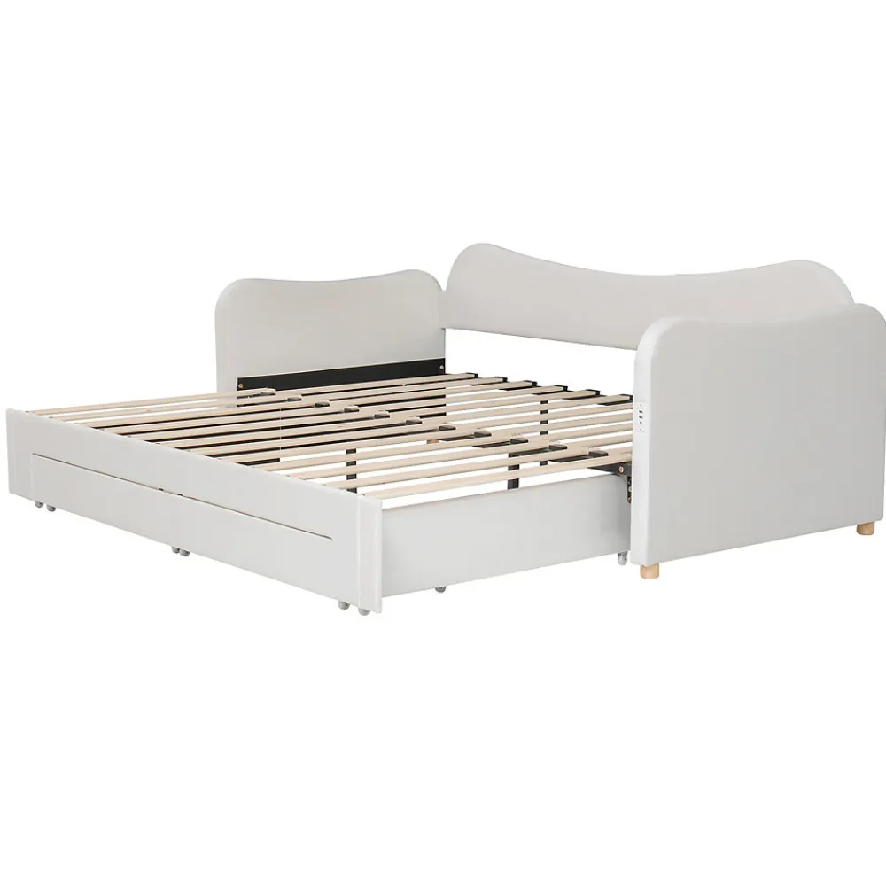 Canapé-lit capitonné 90x200cm - Avec lit gigogne - 2 tiroirs de rangement - Port USB - Tissu velours - Beige (Matelas non inclus)>ModernLuxe Online