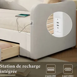 Canapé-lit capitonné 90x200cm - Avec lit gigogne - 2 tiroirs de rangement - Port USB - Tissu velours - Beige (Matelas non inclus)><noscript><img width=