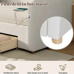 Canapé-lit capitonné 90x200cm - Avec lit gigogne - 2 tiroirs de rangement - Port USB - Tissu velours - Beige (Matelas non inclus)><noscript><img width=
