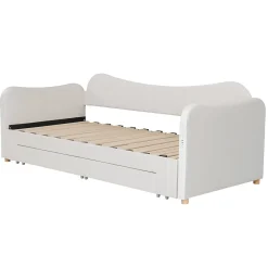 Canapé-lit capitonné 90x200cm - Avec lit gigogne - 2 tiroirs de rangement - Port USB - Tissu velours - Beige (Matelas non inclus)><noscript><img width=