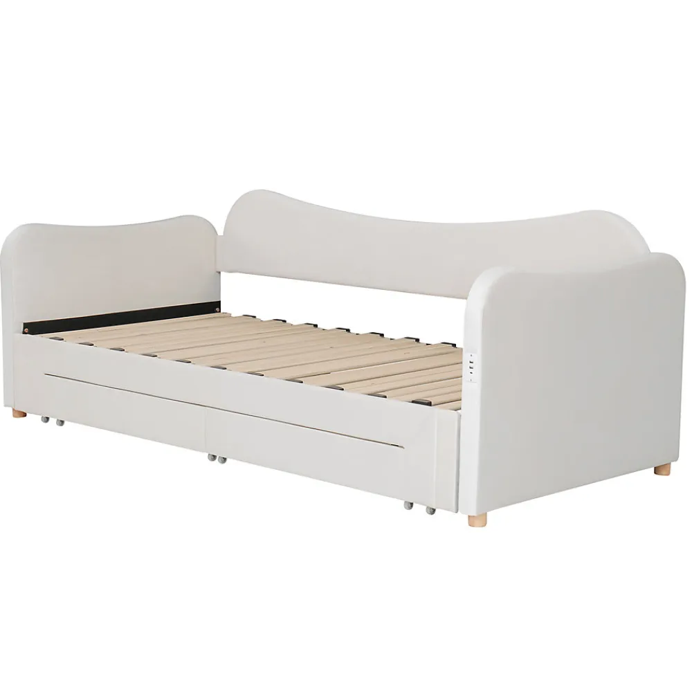 Canapé-lit capitonné 90x200cm - Avec lit gigogne - 2 tiroirs de rangement - Port USB - Tissu velours - Beige (Matelas non inclus)>ModernLuxe Online