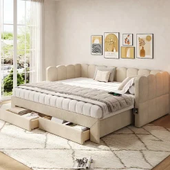 Canapé-lit capitonné 90x190cm - lit gigogne - 2 tiroirs - port USB - tissu chenille - beige (matelas non inclus)>ModernLuxe Sale