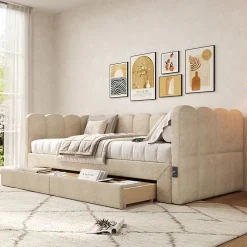Canapé-lit capitonné 90x190cm - lit gigogne - 2 tiroirs - port USB - tissu chenille - beige (matelas non inclus)>ModernLuxe Sale