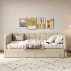 Canapé-lit capitonné 90x190cm - lit gigogne - 2 tiroirs - port USB - tissu chenille - beige (matelas non inclus)><noscript><img width=