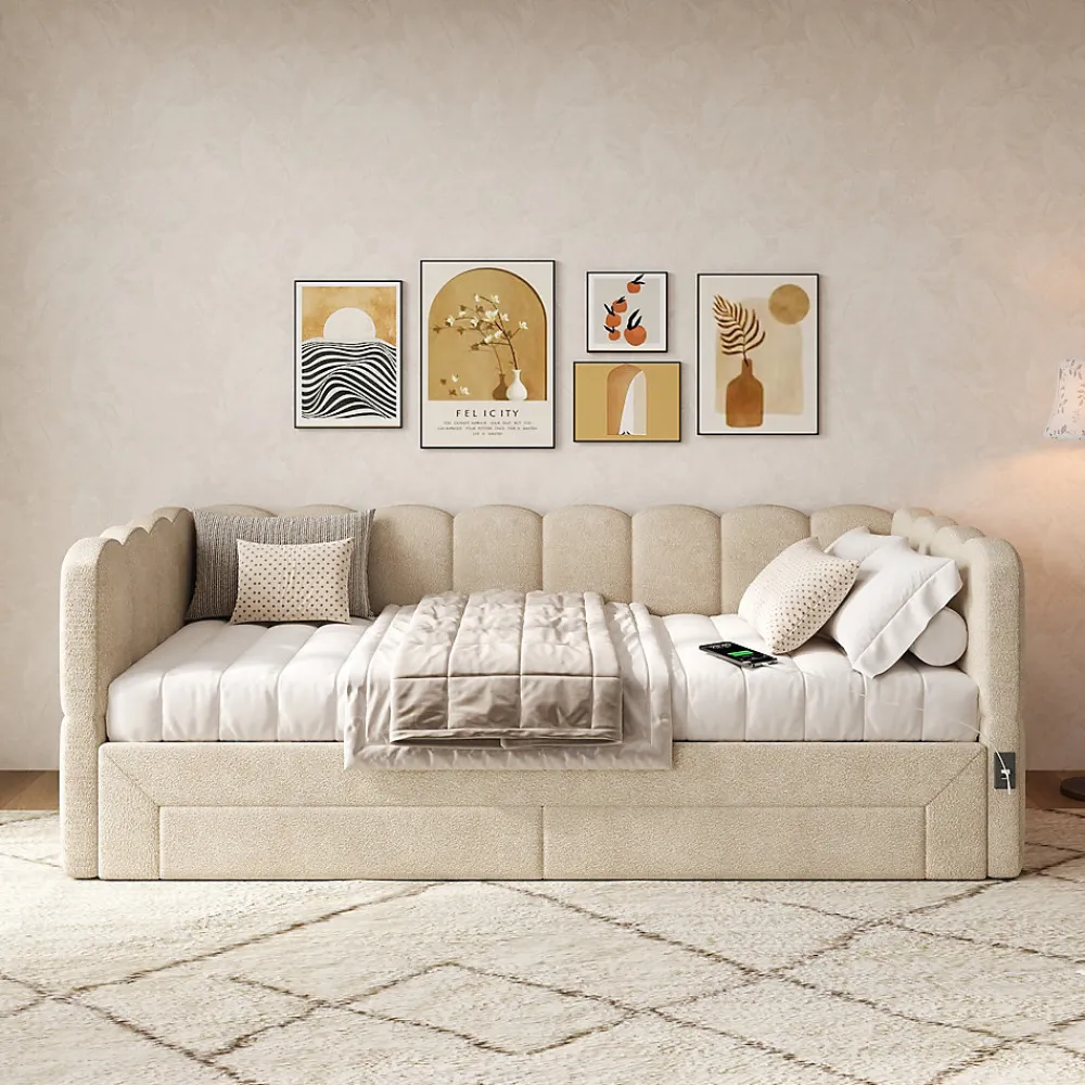 Canapé-lit capitonné 90x190cm - lit gigogne - 2 tiroirs - port USB - tissu chenille - beige (matelas non inclus)>ModernLuxe Sale