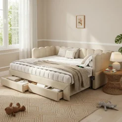 Canapé-lit capitonné 90x190cm - lit gigogne - 2 tiroirs - port USB - tissu chenille - beige (matelas non inclus)><noscript><img width=